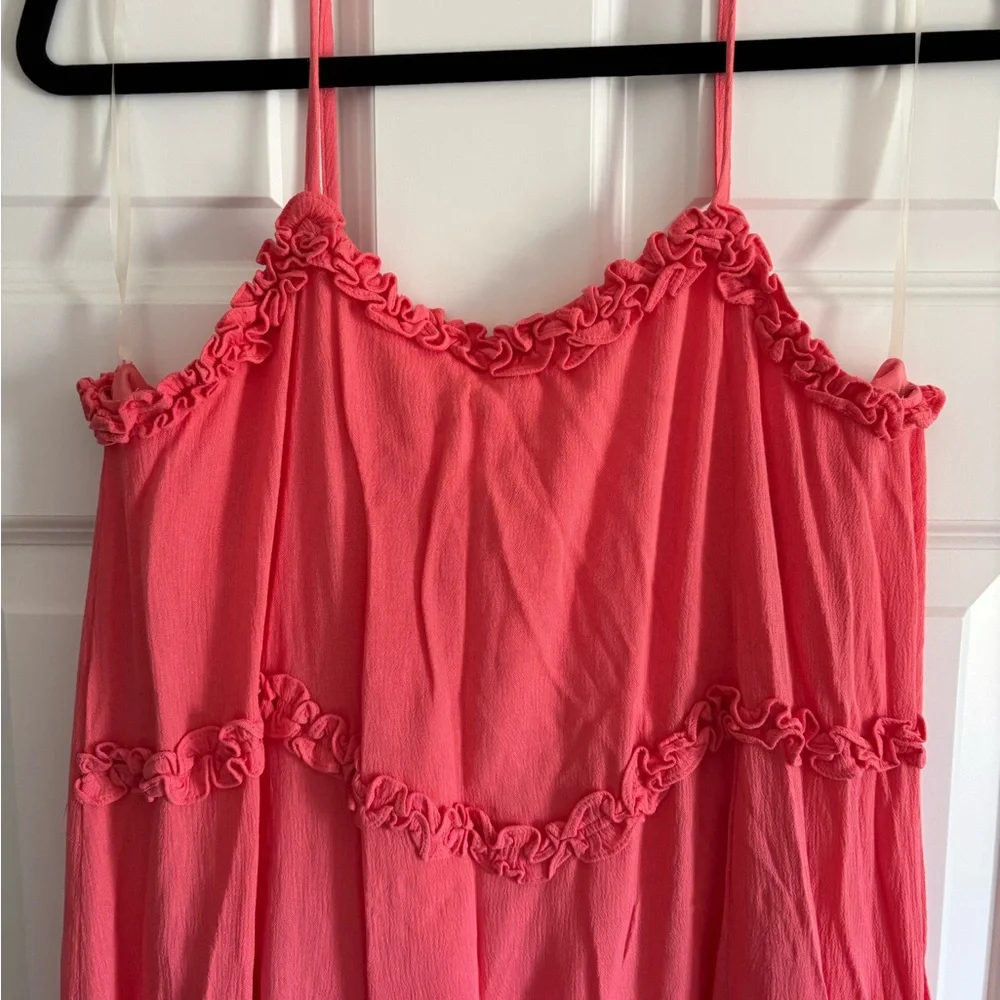 CLOSEOUT! JODIFL coral tight ruffle midi dress with adjustable straps. - Picture 2 of 3